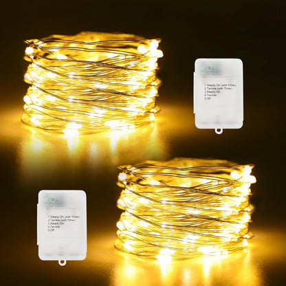 Timer Fairy Lights - 50 LEDs 16.4Ft Silver Copper Wire String Lights | Battery Operated with 5 Lighting Modes for Christmas & Weddings