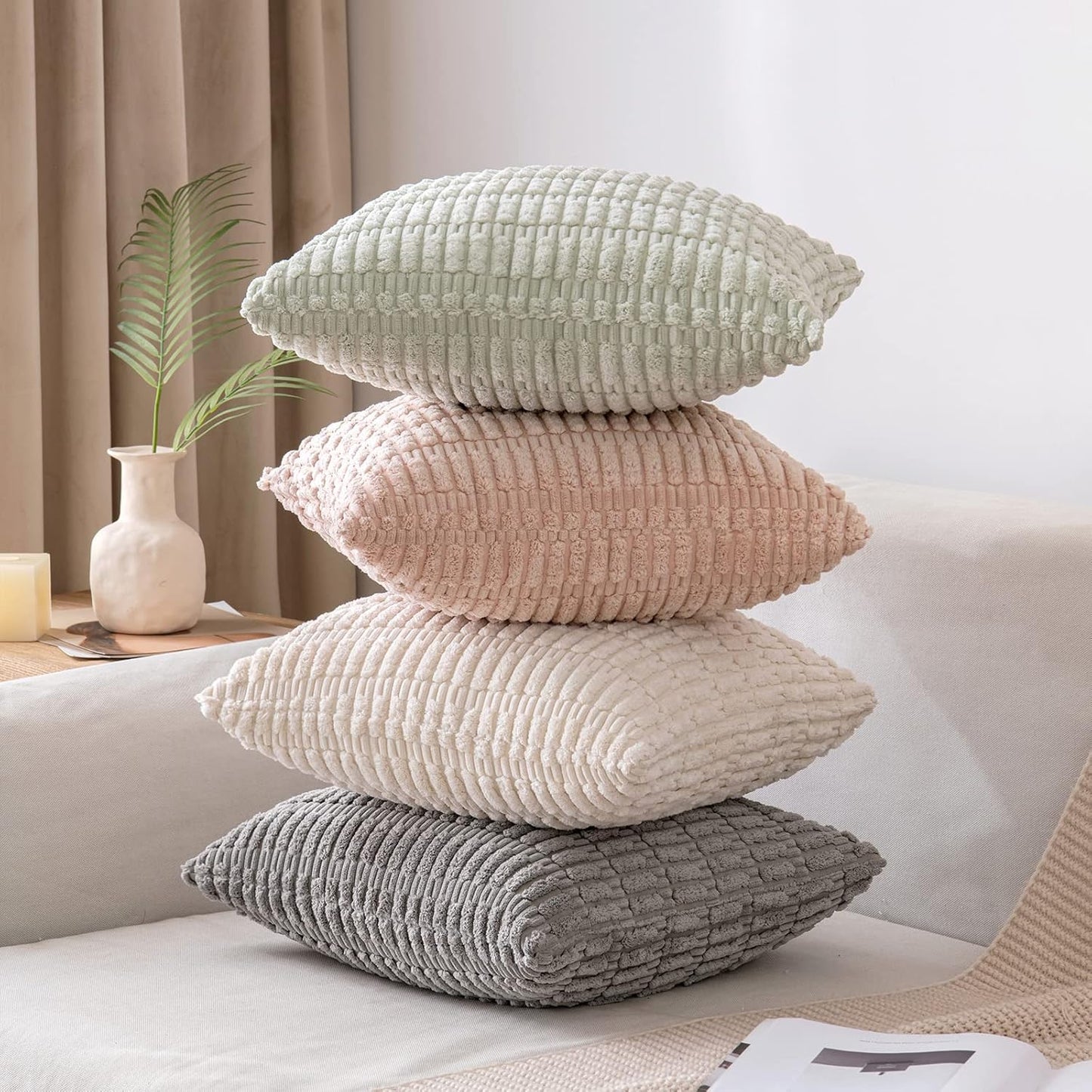 MIULEE Decorative Throw Pillow Covers - Soft Boho Striped Corduroy | Pack of 2, 18x18 Inch, Light Green