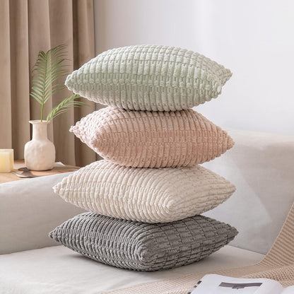 MIULEE Decorative Throw Pillow Covers - Soft Boho Striped Corduroy | Pack of 2, 18x18 Inch, Light Green