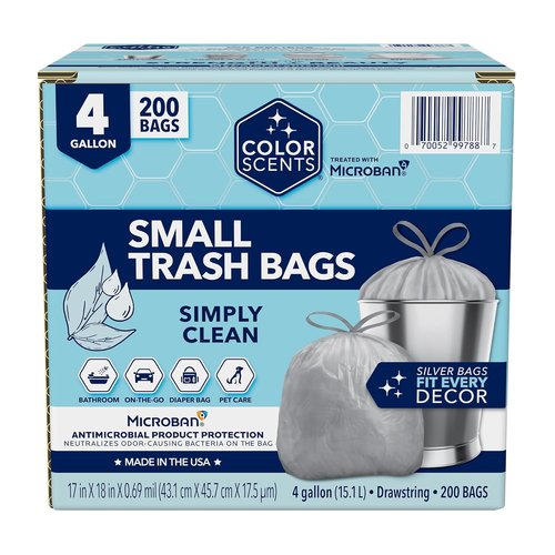 Color Scents Small Trash Bags - 4 Gallon Drawstring Bags with Microban | Silver, 200 Count