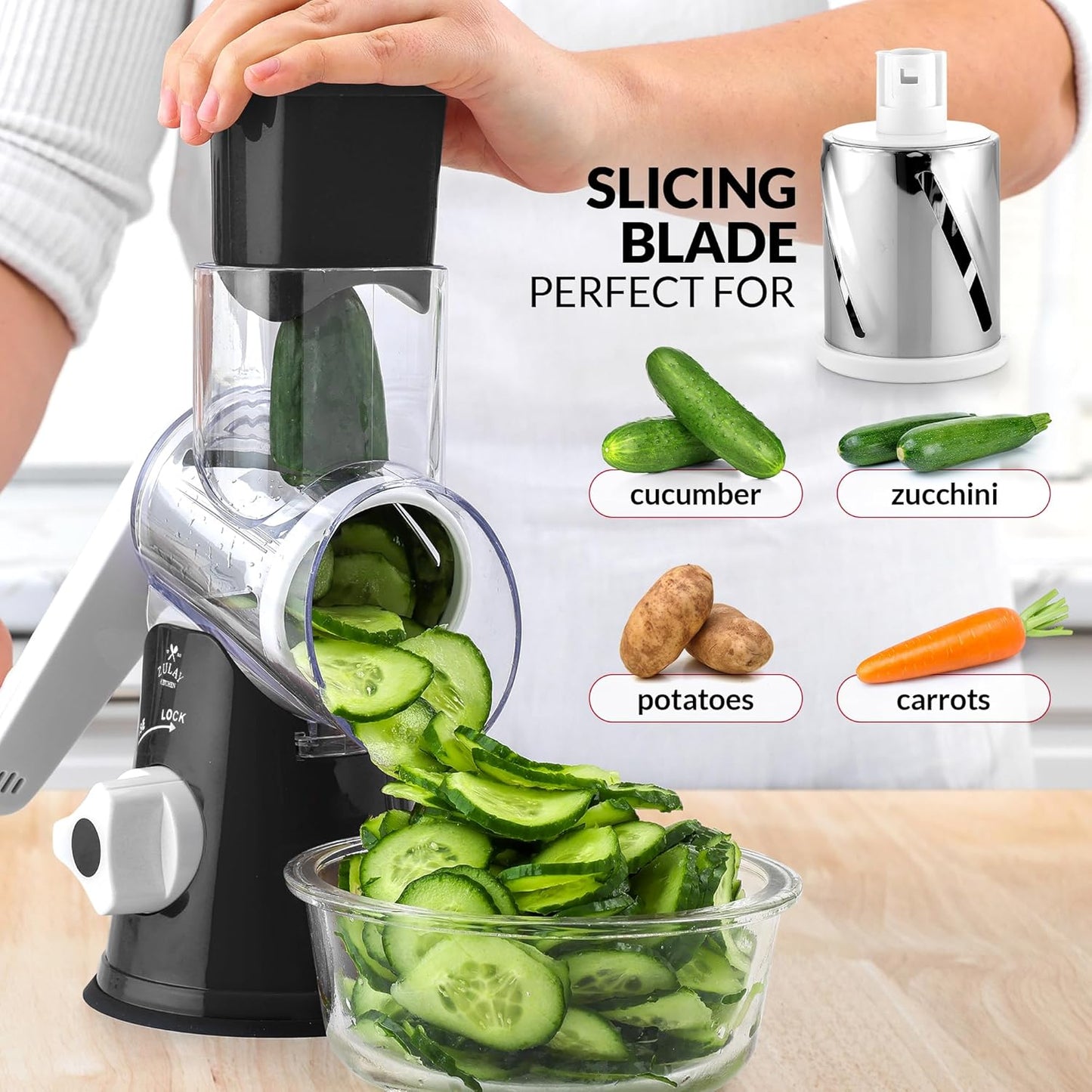 Zulay Rotary Cheese Grater - Manual Hand Crank Shredder with 3 Blades & Reinforced Suction - Black