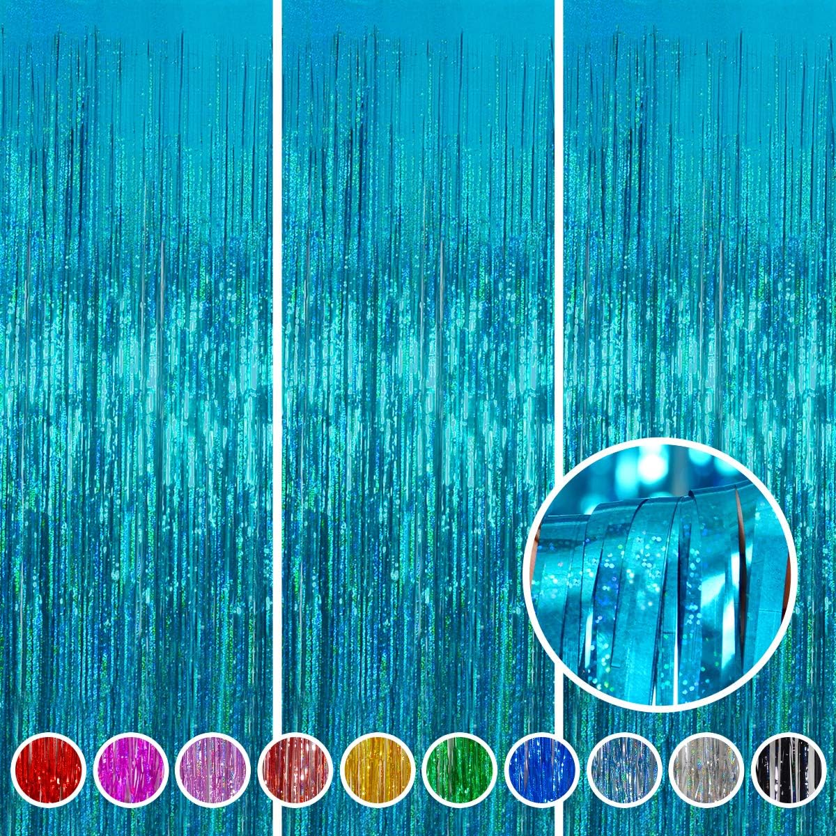 Melsan Foil Fringe Curtains - 3 Pack Tinsel Backdrop for Birthday, Baby Shower & Graduation - Teal 3.2 x 8.2 ft
