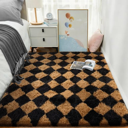 Ophanie Checkered Black & Beige Rhombus Rugs for Living Room Bedroom, Fluffy Soft Cute Fuzzy Area Rug, Plush Shaggy Bedside Floor 4x6 Furry Carpet for Kids Baby Teen Dorm Nursery Home Decor Aesthetic