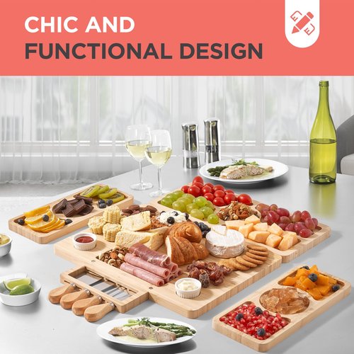 Bamboo Charcuterie Boards, Large Easter Charcuterie Board Set with Serving Tray Knife and Bowl, Bamboo Cheese Board for Christmas, Thanksgiving, House Warming Gifts New Home