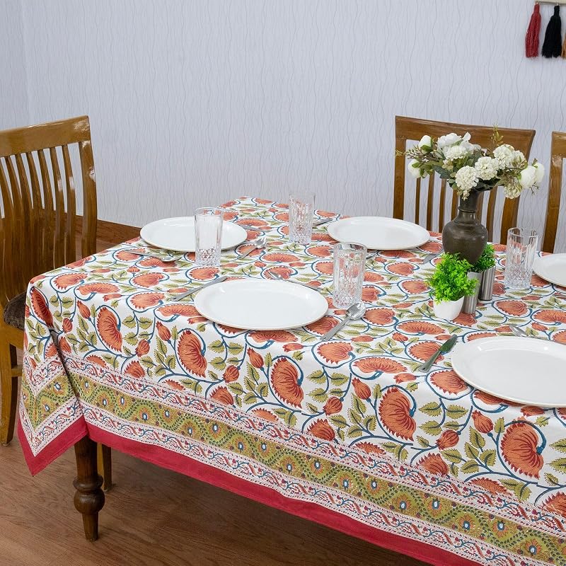 72x72 Inches Square Hand Block Printed Cotton Tablecloth - Red, Yellow Floral, Indian Table Linen