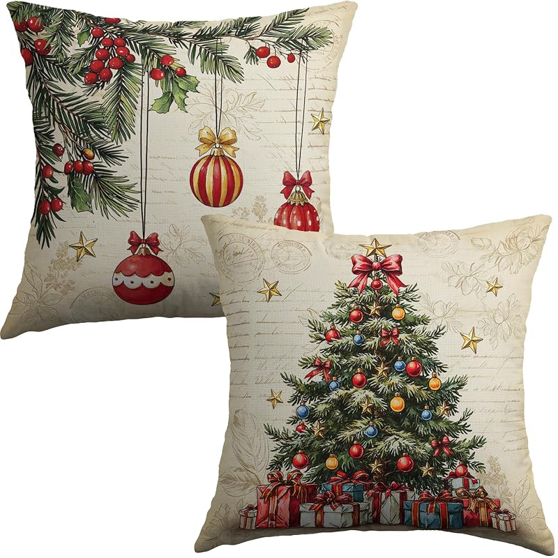 Vintage Christmas Tree Pillow Covers 18x18 Inches - Set of 2, Red & Green