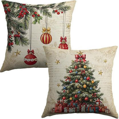 Vintage Christmas Tree Pillow Covers 18x18 Inches - Set of 2, Red & Green
