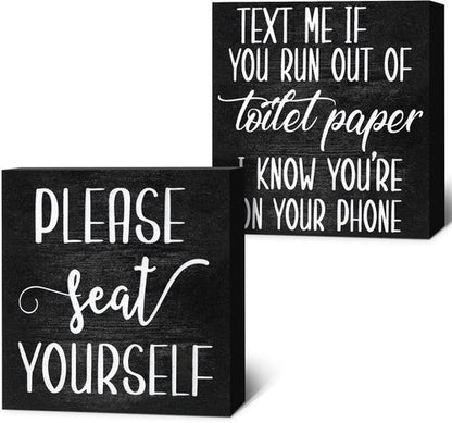 Jetec Farmhouse Bathroom Signs Decor - Rustic Wooden Plaque Wall Art | Set of 2 Please Seat Yourself (Black)
