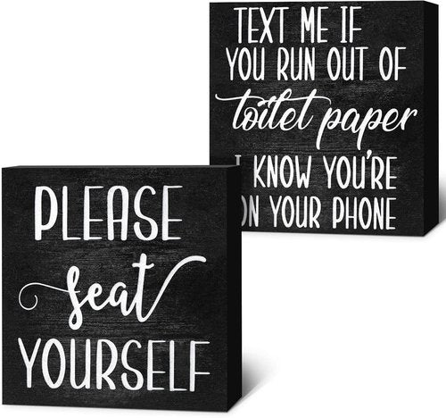 Jetec Farmhouse Bathroom Signs Decor - Rustic Wooden Plaque Wall Art | Set of 2 Please Seat Yourself (Black)