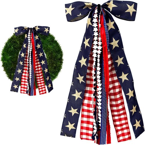 Large Patriotic Star Ribbon Bow by [Brand Name] - Red White Buffalo Plaid Fabric Ribbons Set for 4th of July Decor