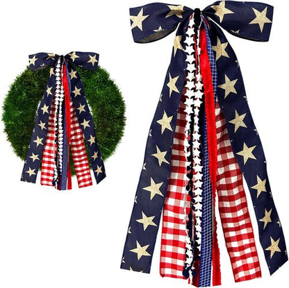 Large Patriotic Star Ribbon Bow by [Brand Name] - Red White Buffalo Plaid Fabric Ribbons Set for 4th of July Decor