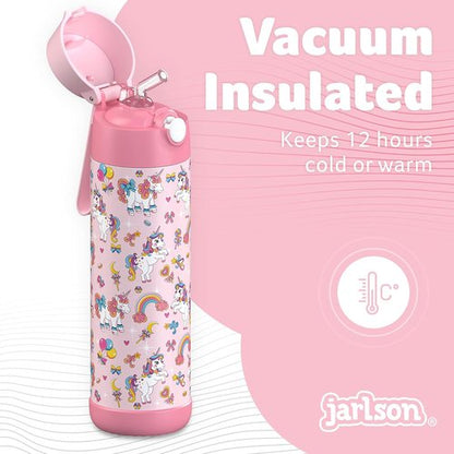 Jarlson® Kids Water Bottle CHARLI | 18oz Stainless Steel Insulated Thermo Bottle with Straw - Spill Proof for School & Sports (Unicorn)