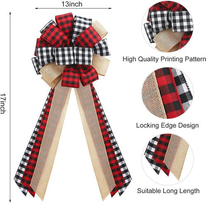 Buffalo Plaid Christmas Tree Topper - Handmade Red & Black Burlap Gift Bow | 13 x 29 Inch Holiday Decor