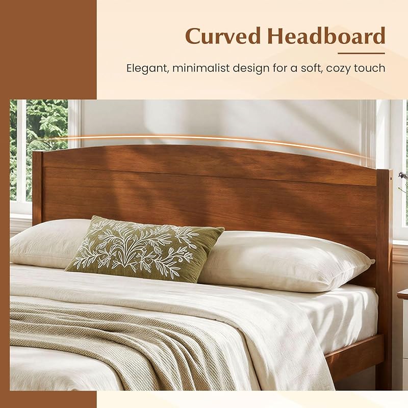 Giantex Full Size Walnut Curved Headboard Bed Frame with Slat Support - 300 lb Capacity