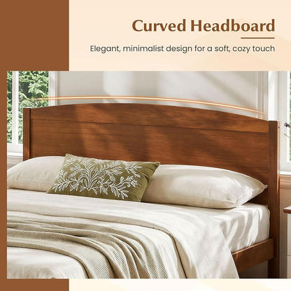 Giantex Full Size Walnut Curved Headboard Bed Frame with Slat Support - 300 lb Capacity