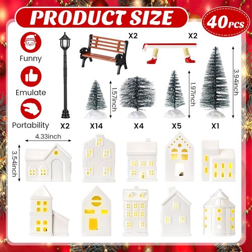 Barydat 40 Pcs Ceramic Christmas Village Set - 10 LED White Houses & Xmas Trees | Holiday Decor