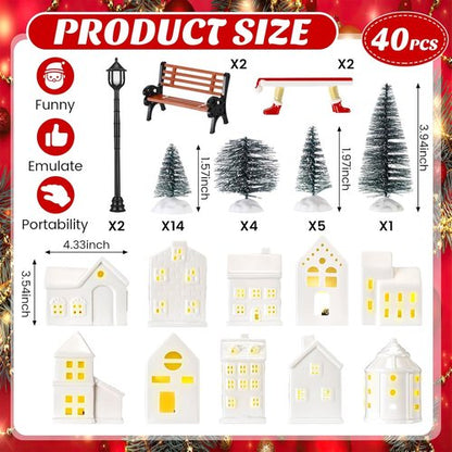 Barydat 40 Pcs Ceramic Christmas Village Set - 10 LED White Houses & Xmas Trees | Holiday Decor