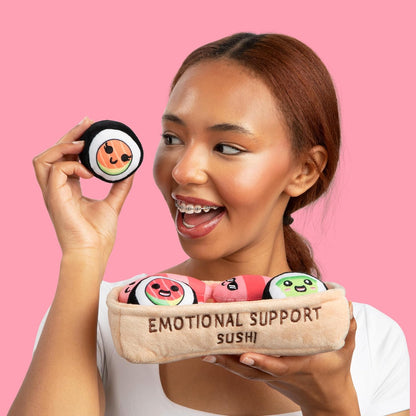 Relatable Emotional Support Sushi | Cuddly Stuffed Animals Set - 5 Plush Toys with Basket for Mom
