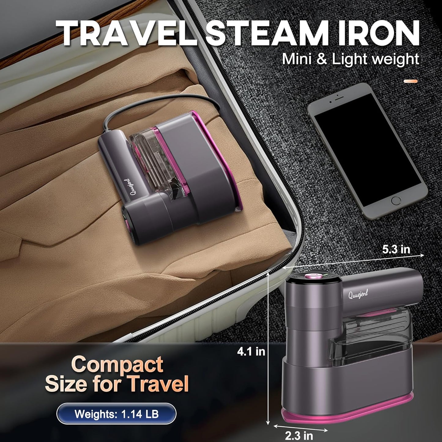 Travel Steamer for Clothes by [Brand Name] - 1000W Portable Mini Iron with 10s Fast Heat, 8FT Cord & Foldable Handle (Purple)