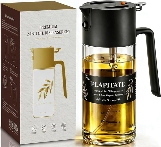 PLAPITATE Premium Olive Oil Sprayer - 2-in-1 Glass Dispenser with Portion Control | 17oz/500ml Black