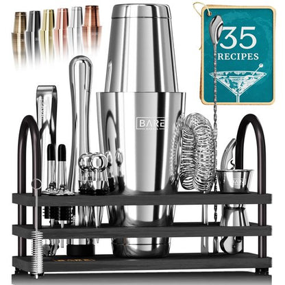 BARE BARREL® Mixology Bartender Kit Bar Set | 14-Piece Cocktail Shaker Set | Martini Barware Mixing Tools for Home Bartending | 35 Recipe Cards | Gift Set (28oz Boston Shaker, Silver/Black)