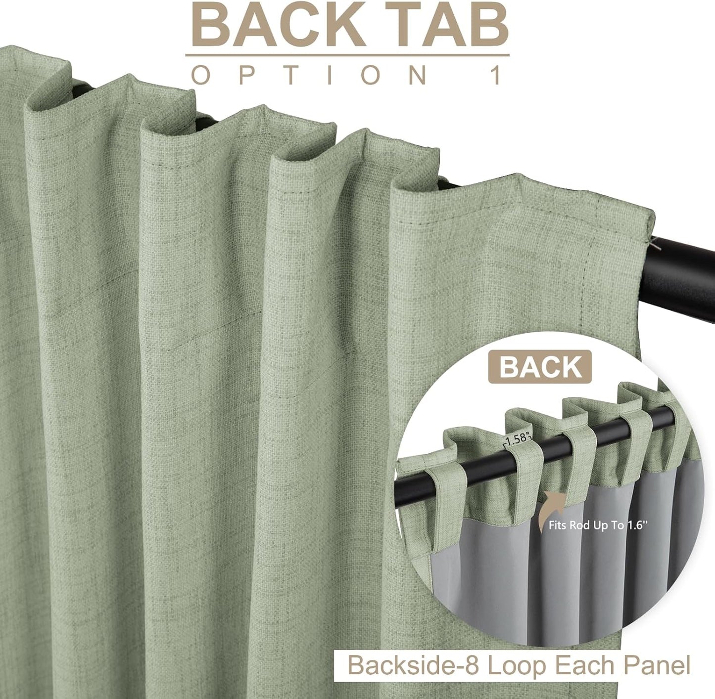 Skiennix 100% Blackout Linen Curtains - Thermal Insulated Drapes, 50" W x 96" L, Sage Green - 2 Panels Set