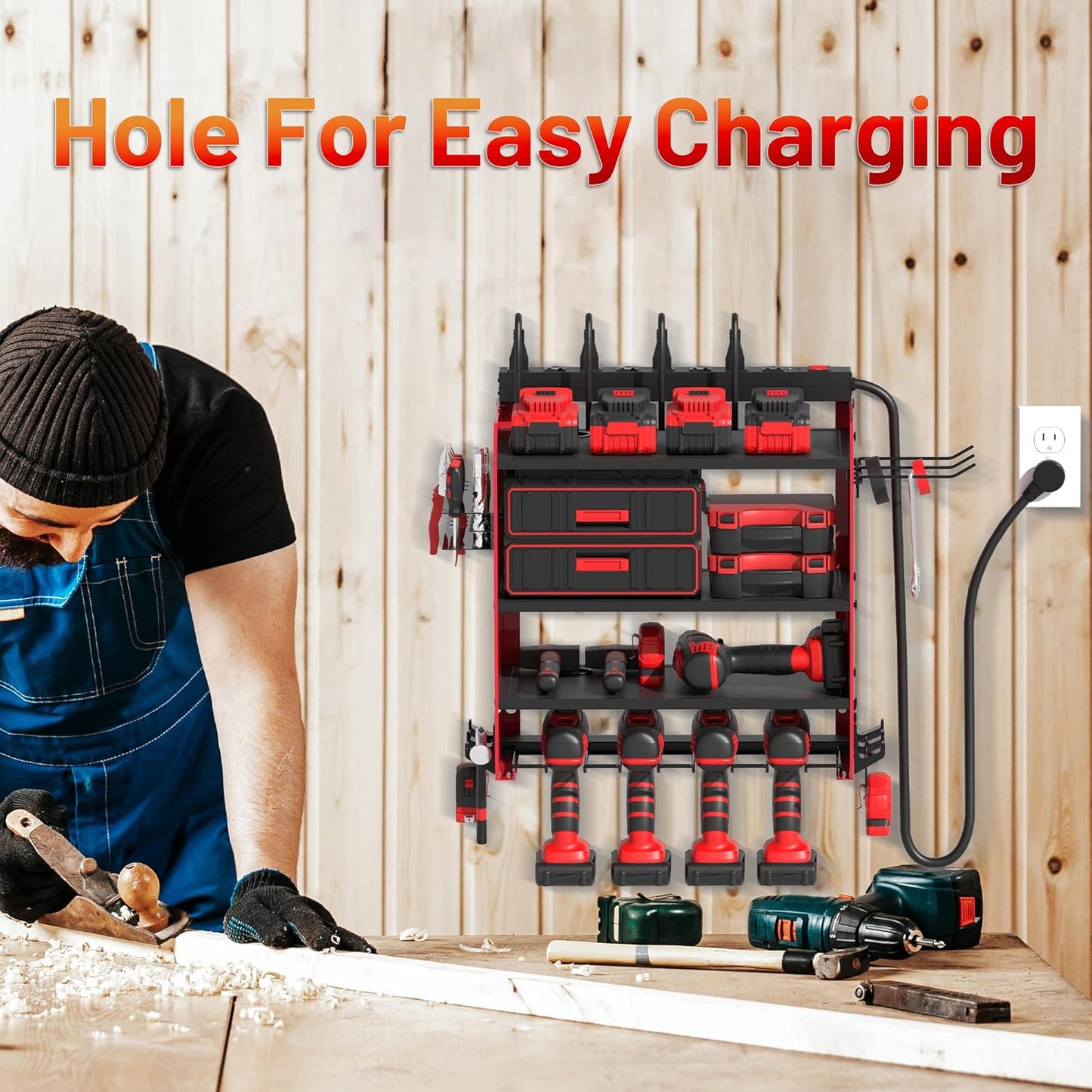 Power Tool Organizer - Wall Mount Charging Station with 8 Outlet Power Strips & Hooks | Heavy Duty 4 Layer Drill Storage Shelf