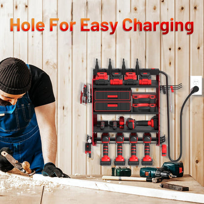Power Tool Organizer - Wall Mount Charging Station with 8 Outlet Power Strips & Hooks | Heavy Duty 4 Layer Drill Storage Shelf