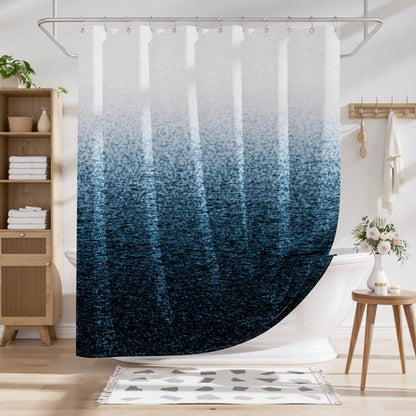 AmazerBath Shower Curtain Blue, Washable Cloth Ombre Shower Curtain Sets with 12 Metal Shower Curtain Hooks, Rustic Waterproof Dark Sea Blue Farmhouse Shower Curtains for Bathroom Decor, 72x72 Inches