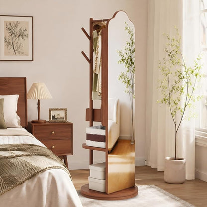 Full Length Mirror with Coat Rack & Storage – 66" L x 18" W Walnut Brown, 360° Rotating Solid Wood