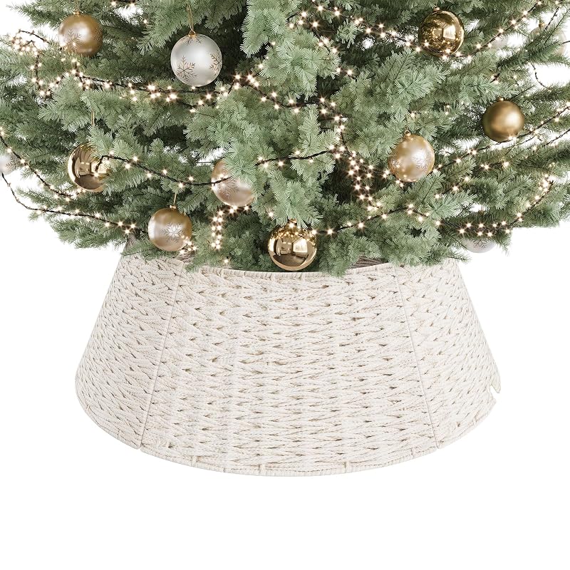 28 Inch Cream Christmas Tree Collar - Woven Cotton Rope with Metal Frame