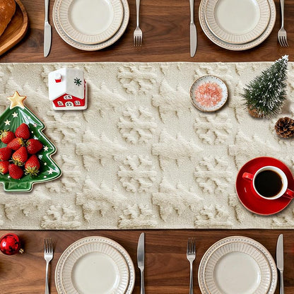 Christmas Table Runner 13x60 Inch Beige with 3D Tree & Snowflake Pattern – Faux Fur, Indoor/Outdoor Farmhouse Decor (Variation: Beige+Table Runner, 13" x 60")