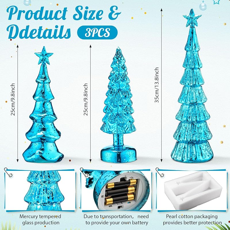 Blue Classic 3-Pack Glass Christmas Trees with LED Lights