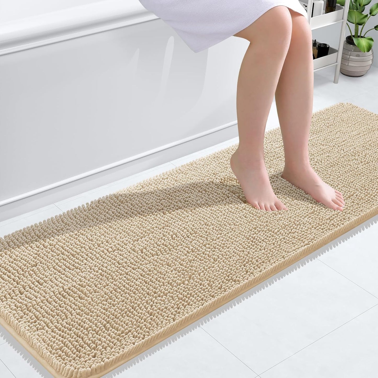 OLANLY Bathroom Rugs - Extra Soft Chenille Bath Mats with Rubber Backing | 59x20, Quick Dry, Beige