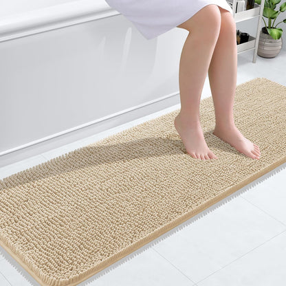 OLANLY Bathroom Rugs - Extra Soft Chenille Bath Mats with Rubber Backing | 59x20, Quick Dry, Beige