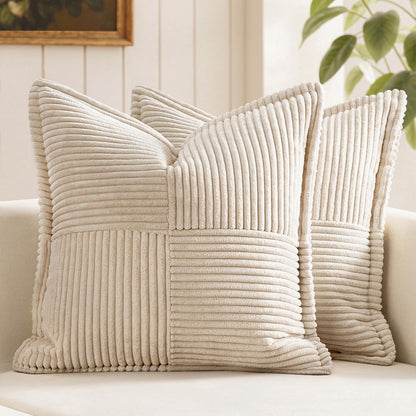 MIULEE Decorative Throw Pillow Covers - Soft Corduroy Beige Boho Accent | Set of 2, 18x18 Inch