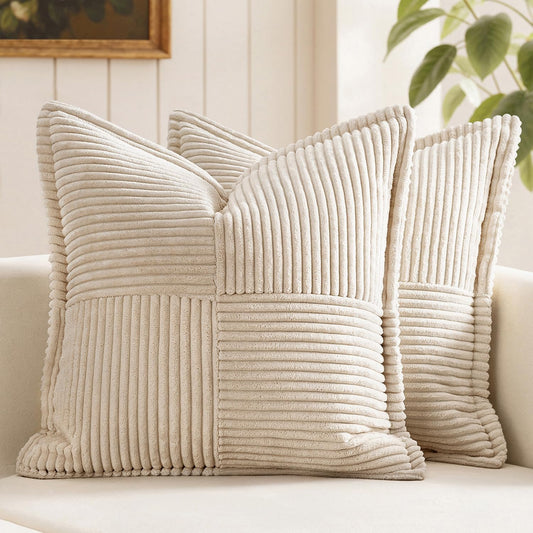 MIULEE Decorative Throw Pillow Covers - Soft Corduroy Beige Boho Accent | Set of 2, 18x18 Inch