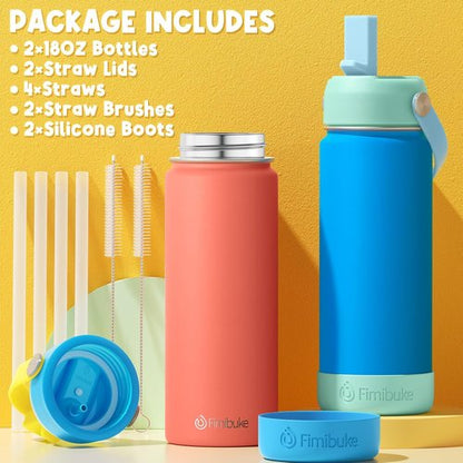 Fimibuke Kids Insulated Water Bottle - 18oz BPA-Free Double Wall Tumbler | Leak-Proof Design for School (2 Pack, Milky Pastel)