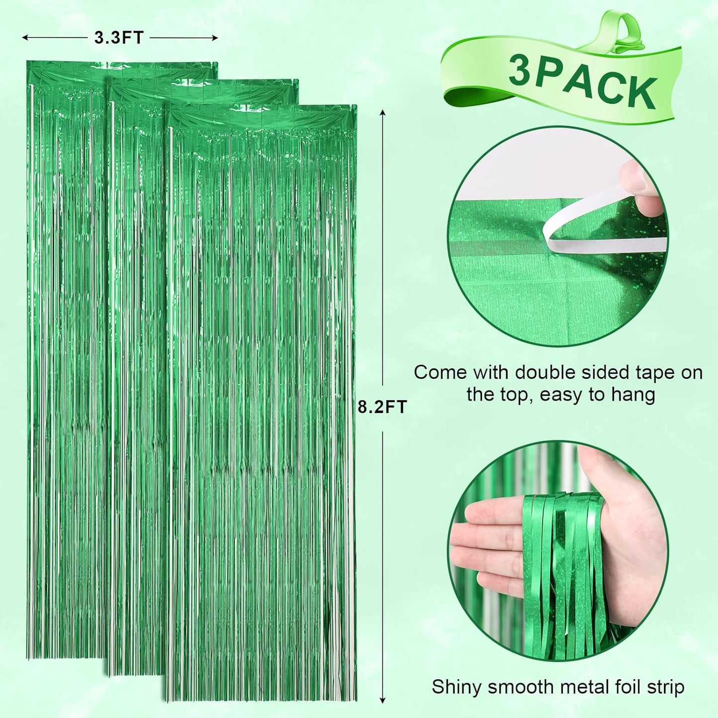 Voircoloria Laser Green Foil Fringe Backdrop Curtains - 3 Pack Tinsel Streamers for Parties & Events