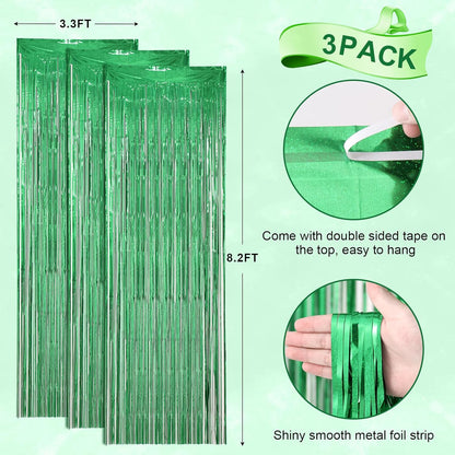 Voircoloria Laser Green Foil Fringe Backdrop Curtains - 3 Pack Tinsel Streamers for Parties & Events