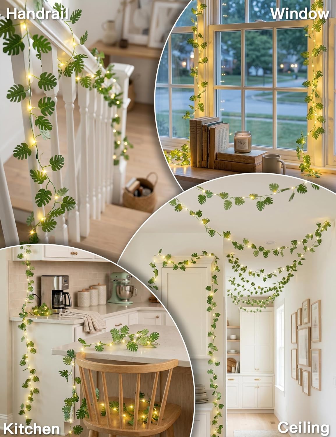 Suddus Vines with Fairy Lights - 33ft 100 LED Monstera Leaves String Lights | Battery & USB Powered, Remote Control for Indoor Tropical Decor