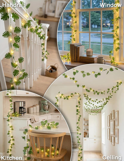 Suddus Vines with Fairy Lights - 33ft 100 LED Monstera Leaves String Lights | Battery & USB Powered, Remote Control for Indoor Tropical Decor