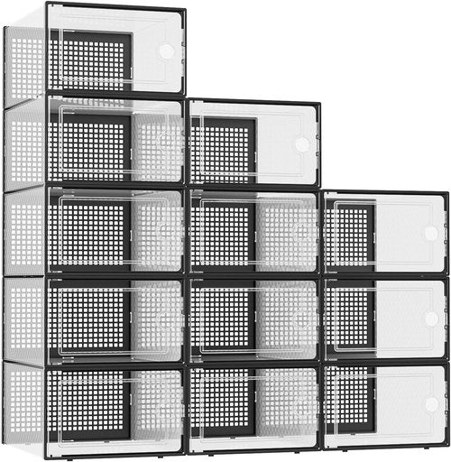 Kuject Shoe Storage Boxes - XX-Large Clear Plastic Organizers | Stackable 12-Pack for Closet & Under Bed, Black