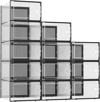 Kuject Shoe Storage Boxes - XX-Large Clear Plastic Organizers | Stackable 12-Pack for Closet & Under Bed, Black