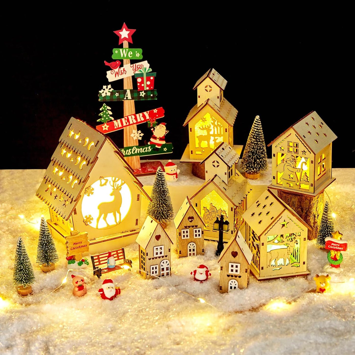 Skiennix 29-Piece Christmas Village Set - Lighted Wooden Houses with Miniature Trees & Ornaments