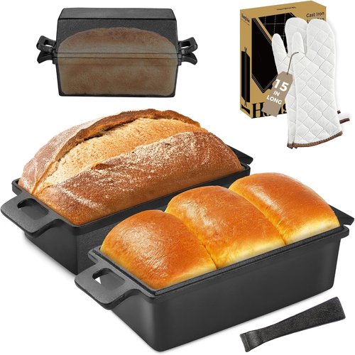 HONGBAKE Cast Iron Bread Pan - 2 in 1 with Lid & Lever | Pre-Seasoned Nonstick 9x5 Sourdough Loaf Pan