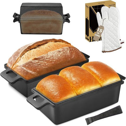 HONGBAKE Cast Iron Bread Pan - 2 in 1 with Lid & Lever | Pre-Seasoned Nonstick 9x5 Sourdough Loaf Pan