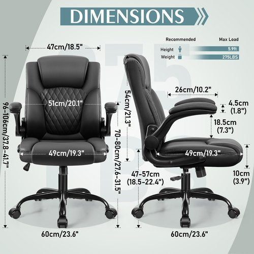 Leather Office Chair, PU Home Computer Desk Chairs with Ergonomic Back Support, 360°Swivel Free，Small Gmaing Chair with Wheels and Adjustable Armrests, for Short People Use, Black
