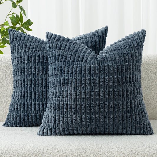 MIULEE Euro Sham Pillow Covers - Soft Boho Striped Corduroy | 24x24 Inch, Blue for Modern Farmhouse Decor