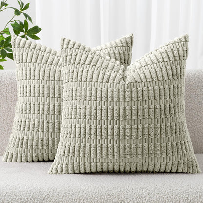MIULEE Decorative Throw Pillow Covers - Soft Boho Striped Corduroy | Pack of 2, 20x20 Inch, Light Green